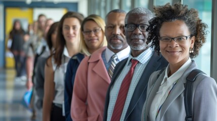 Obraz premium A group of educators, their faces reflecting the challenges and rewards of their profession, stand united in their commitment to shaping the minds of future generations