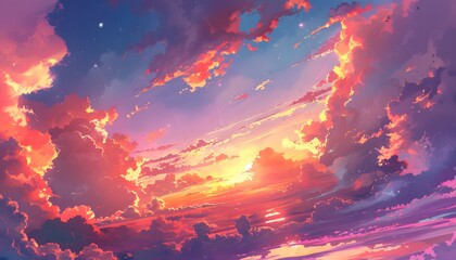 Sea sunset. Tropical landscape with ocean, sky and clouds in red light of evening sun. Vector cartoon summer seascape with orange reflection in water and coastline silhouette on horizon