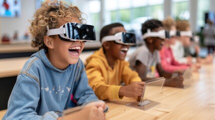 Several children are seated in a modern classroom setting, each engaged with virtual reality headsets, highlighting the integration of technology into educational experiences.