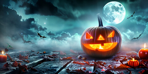 Naklejka premium Halloween Pumpkin in Spooky Setting, Jack-O'-Lantern Under Full Moon, Halloween theme with pumpkins and dark forest, Halloween background with jack-o'-lantern