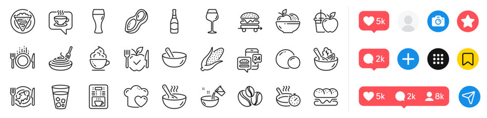 Peanut, Beer bottle and Beer glass line icons pack. Social media icons. Fruits, Cook, Food delivery web icon. Vegetarian food, Pasta dish, Seafood pictogram. Peas, Crepe, Ice tea. Vector