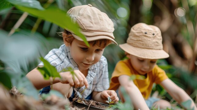 Two children are seen deeply engrossed in exploring nature, closely examining the ground with intense curiosity and wearing hats to protect them from the sun.