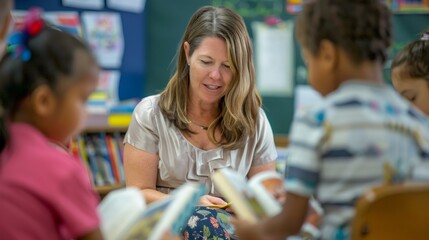 Fototapeta premium A female teacher, her classroom a haven for learning and growth, fosters a love of reading in her students, opening their minds to new worlds and possibilities
