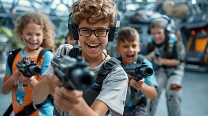Exciting moment with kids in a laser tag arena, equipped with gear and engaged in play, showcasing their enthusiasm and excitement as they enjoy a thrilling game. Foreground clear.