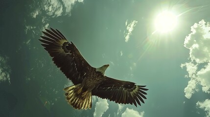 Obraz premium An eagle soars through the sky.