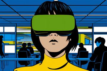 A digital illustration features a person wearing a VR headset, located in a blue-toned office with various background figures, highlighting the blend of technology and everyday life.