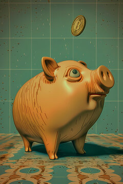 This humorous image features a piggy bank looking up at a coin about to drop. The floor has a Bitcoin design, blending traditional savings with modern cryptocurrency elements.