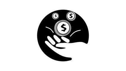 Profit emblem ,  hand with coin, black isolated silhouette