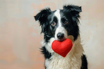 Fototapeta premium black and white border collie holding a red heart in its mouth. dog day