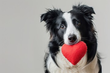 Fototapeta premium black and white border collie holding a red heart in its mouth. dog day