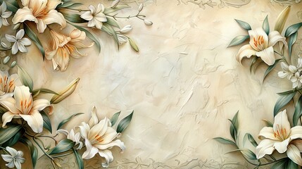Lily and jasmine vines decorate the edges of traditional letter paper with gorgeous lace decorations and a blank central writing area. Watercolor painting, exquisite details, soft and natural tones.