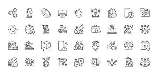 Inspect, Timer and Calendar line icons pack. AI, Question and Answer, Map pin icons. Jobless, Meeting, Hydroelectricity web icon. Healthcare calendar, Difficult stress, Project edit pictogram. Vector
