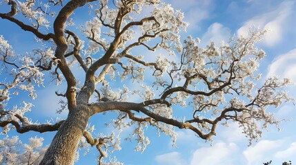 An oak tree adorned with hoarfrost stands against a clear sky, creating a captivating winter scene.
