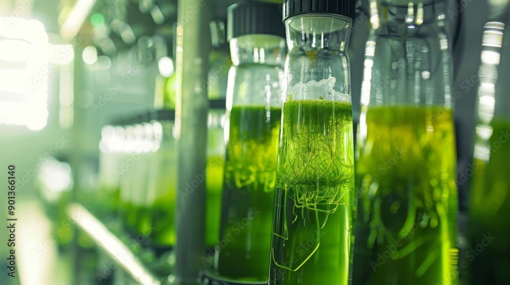 Poster a row of green bottles with a green liquid inside