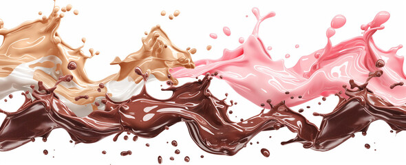 Set of chocolate, pink strawberry and milk splash collection isolated on white background