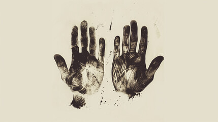 Imprint of two hands in dark ink on a beige background, textured surface and minimalist design