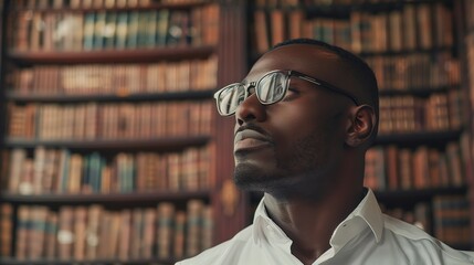 Fototapeta premium Portrait of a thoughtful man with glasses, standing in front of a bookshelf filled with books, exuding confidence.