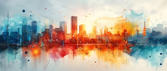 A vibrant watercolor city skyline at sunset, showcasing colorful reflections on water, perfect for art and design projects.