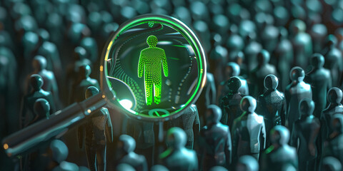 A magnifying glass separating one glowing green figure symbolizing targeted recruitment.