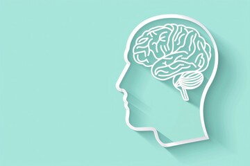 Abstract illustration of a human head silhouette with a brain on a turquoise background