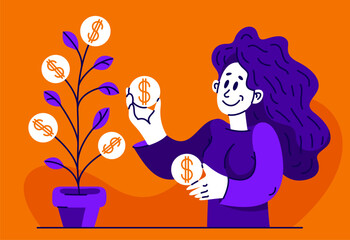 Young woman has a pot with a money tree, vector concept of savings and investments, return on investment, finance.