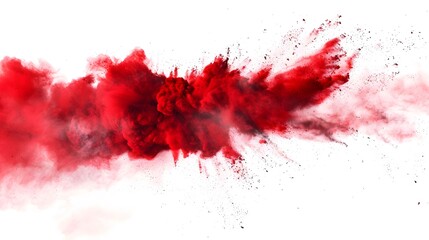 Dynamic red powder explosion isolated on white background, abstract art concept of vibrant smoke cloud