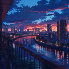 Fototapeta premium Twilight Cityscape View from Anime Style Balcony