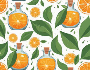 Dropping essential sweet orange oil glass bottle with orange fruit and leaves natural face body beauty remedies concept 