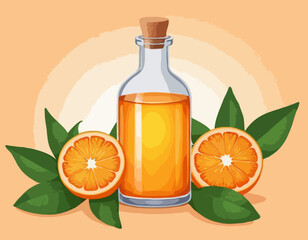 Dropping essential sweet orange oil glass bottle with orange fruit and leaves natural face body beauty remedies concept 