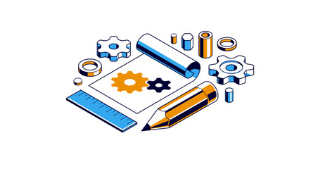 Mechanical engineering project concept, engine draft plan drawing, technical scheme blueprint, paper sheet with gears and pencil 3D isometric vector illustration, repair tutorial.