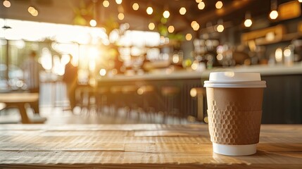 paper cup with coffee on the table in the cafe. Selective focus