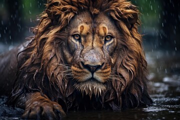 Naklejka premium The majestic king of the jungle: a powerful lion in the serene rain, captured in a close-up portrait of untamed wildlife beauty