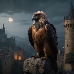 a large bird perched on a rock in front of a castle
