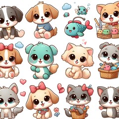 Adorable Cartoon Puppies and Kittens Set