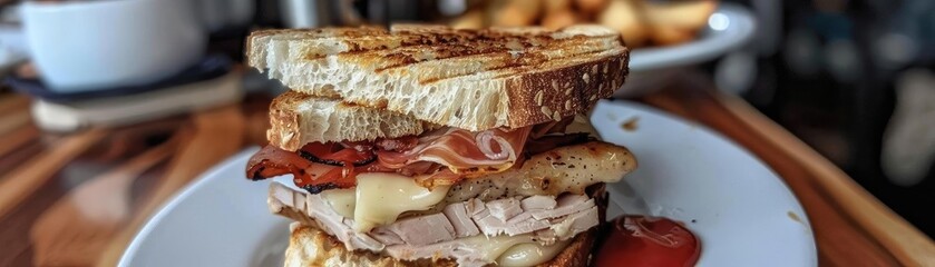 Delicious sandwich stacked with layers of meat, cheese, and vibrant toppings. Perfect for a satisfying meal or snack.