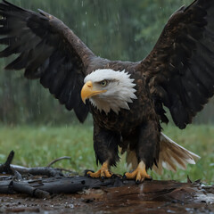 Obraz premium a bald eagle standing on a log in the rain