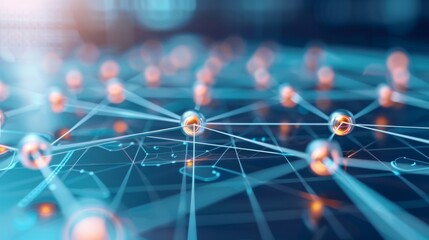 Obraz premium Close-up of a digital network with interconnected nodes and glowing elements, representing technology and communication.