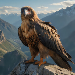 a bird perched on a rock in the mountains with a view