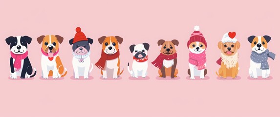 Fototapeta premium A set of cute cartoon dogs in various poses, wearing colorful and accessories like scarves or hats with hearts on them. pink background, love hearts, flowers, candy