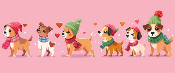 Naklejka premium A set of cute cartoon dogs in various poses, wearing colorful and accessories like scarves or hats with hearts on them. pink background, love hearts, flowers, candy