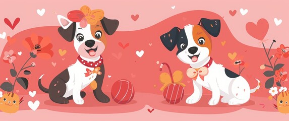 A set of cute cartoon dogs in various poses, wearing colorful and accessories like scarves or hats with hearts on them. pink background, love hearts, flowers, candy