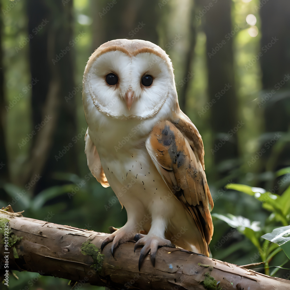 Wall mural a owl perched on a branch in a forest