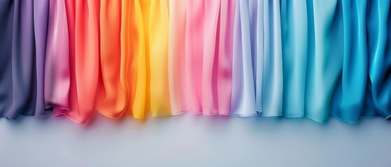 Colorful fabric drapes create a beautiful gradient of hues, perfect for backgrounds and textile design.
