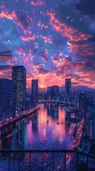 Twilight Cityscape View from Anime Style Balcony