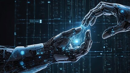 Artificial intelligence technology concept Robot hand making contact with other hand on dark background 3D rendering modern technology and synchronized network connection.