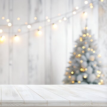 Empty woooden table top with blurred  christmas tree, string light, white wooden wall, bokeh background white gold colors. Display of advertise product mockup, template. Greeting card with copy space