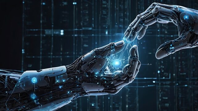 Artificial intelligence technology concept Robot hand making contact with other hand on dark background 3D rendering modern technology and synchronized network connection.