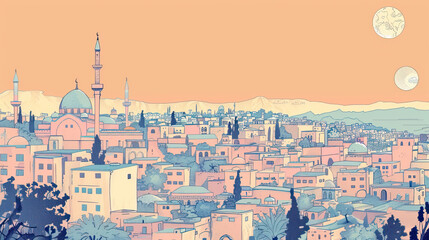 Obraz premium Risograph vintage riso print travel poster, card, wallpaper or banner illustration, modern, isolated, clear, simple of As Salt, Jordan. Artistic, screen printing, stencil