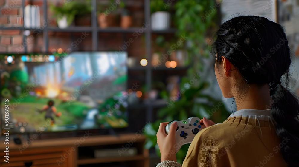 Wall mural a person using motion-sensing technology to play video games on a console controller.