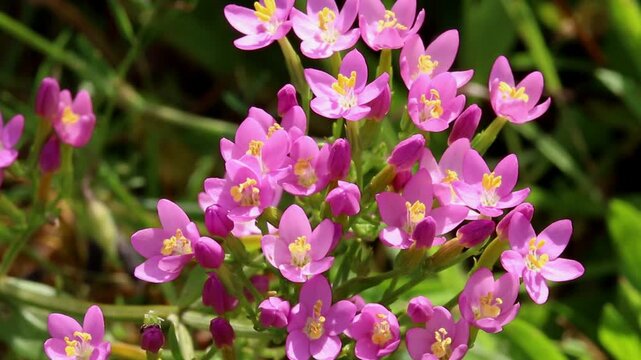 Common Centaury, Centaurium erythraea, in flower.  Highgate Common. Staffordshire. Summer. UK